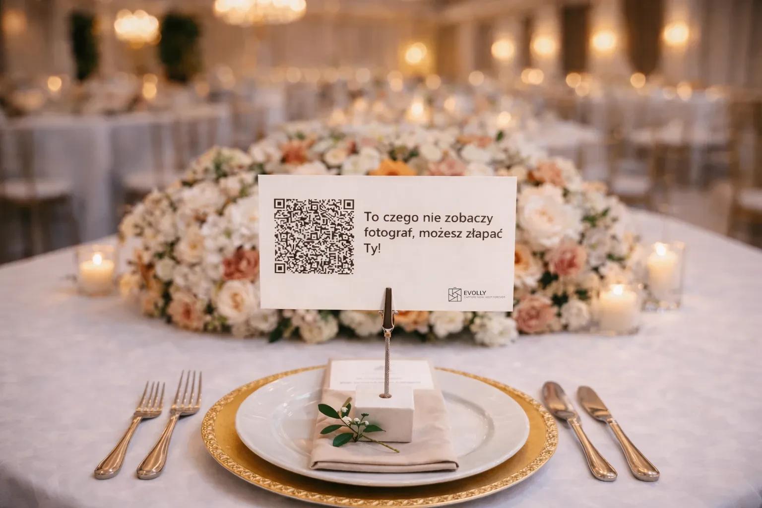 Karta z kodem QR i logo firmy na stojaku przy nakryciu weselnym, w tle kwiaty i świece