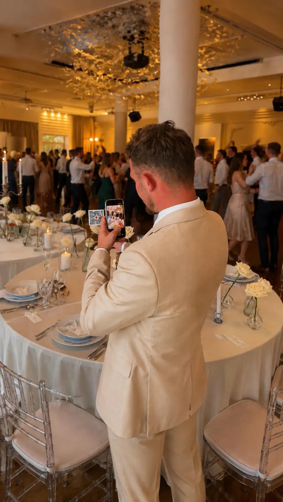 Gość wesela skanuje telefonem kod QR z karty, w tle bawiący się goście